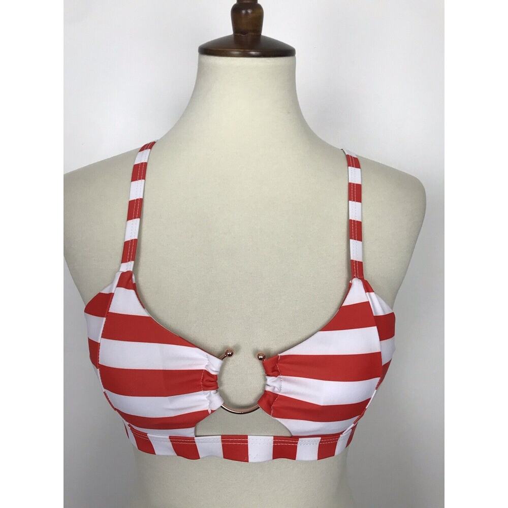 Ejsoyo Swim Bikini Top Multicolor Striped Cut Out Ring Front Swimwear